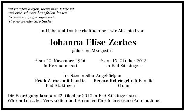 Mangesius Johanna Elise 1926-2012 Todesanzeige